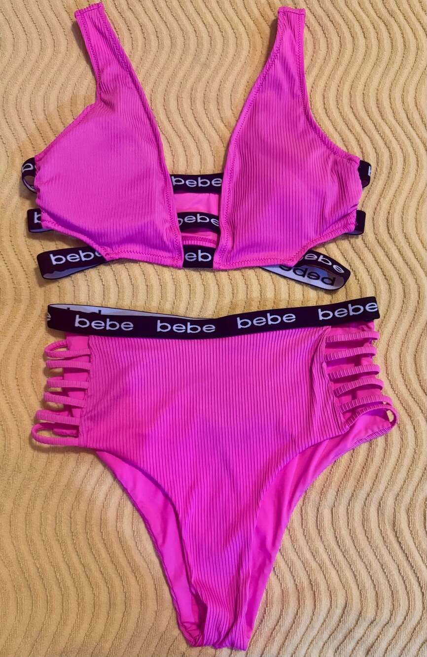 Bebe Ribbed High Waisted Bikini Set Hot Pink medium